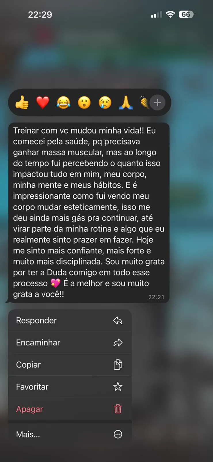 Print de depoimento de uma aluna sobre a experiência de treinar com a Duda